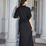 High Slit Roll-tab Sleeve Notched Neck Maxi Dress