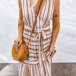 Striped Tie Waist Slit Sleeveless Dress