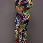 Printed Plunge Neck Leg Split Maxi Dress