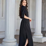 High Slit Roll-tab Sleeve Notched Neck Maxi Dress