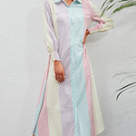 Rainbow Stripe Button-Up Maxi Shirt Dress