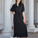 High Slit Roll-tab Sleeve Notched Neck Maxi Dress