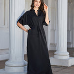 High Slit Roll-tab Sleeve Notched Neck Maxi Dress