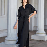 High Slit Roll-tab Sleeve Notched Neck Maxi Dress
