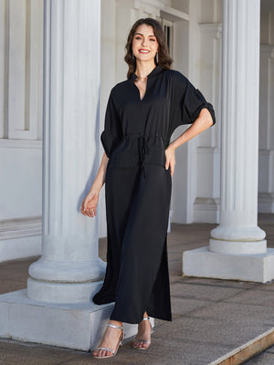 High Slit Roll-tab Sleeve Notched Neck Maxi Dress