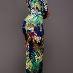 Printed Plunge Neck Leg Split Maxi Dress