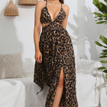 Leopard Deep V Tie Back Split Dress