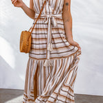 Striped Tie Waist Slit Sleeveless Dress