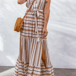 Striped Tie Waist Slit Sleeveless Dress