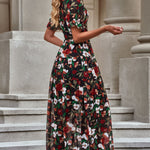 Floral V-Neck Short Flounce Sleeve Dress