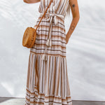 Striped Tie Waist Slit Sleeveless Dress